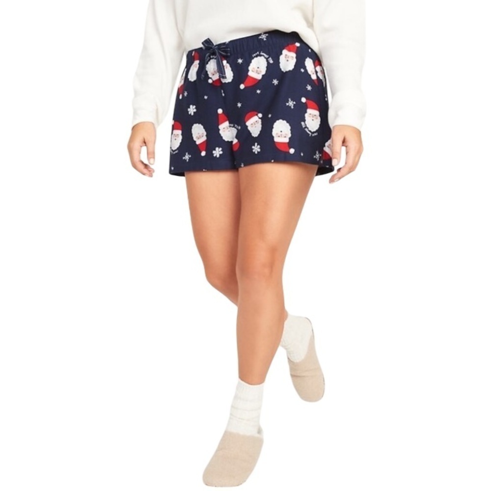 OLD NAVY Santa Print Flannel Boxer PJ Shorts Navy Red Blue Elastic Drawstring M